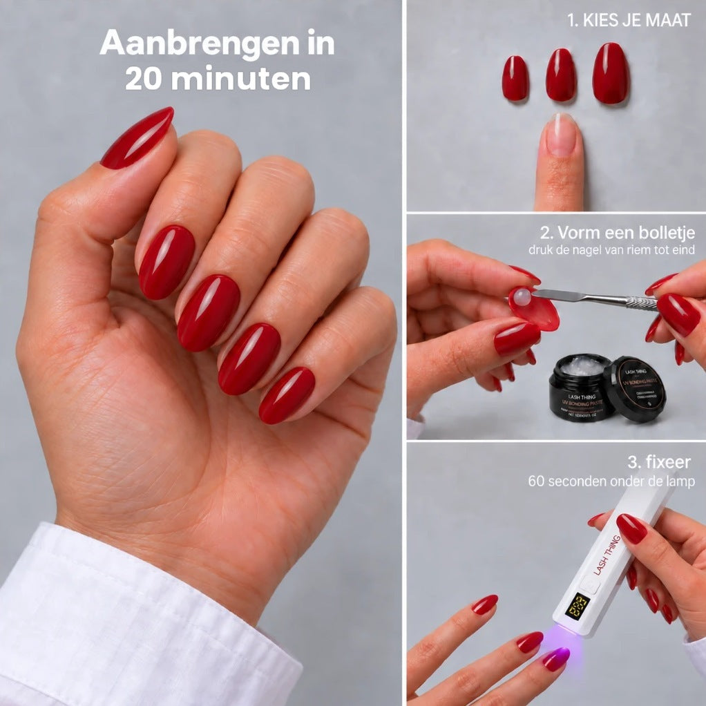 Press-on nagels zelf aanbrengen in 20 minuten: kies je maat, vorm een bolletje UV Bonding Paste en fixeer 60 seconden onder de lamp